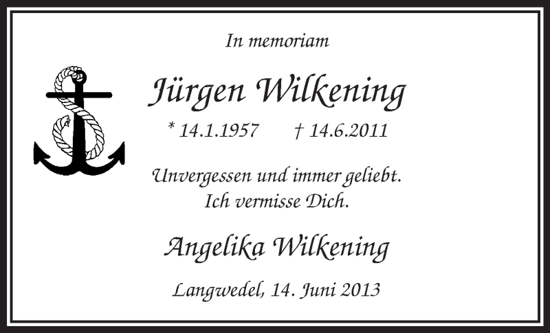  Traueranzeige für Jürgen Wilkening vom 22.06.2013 aus KRZ