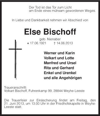 Traueranzeige von Else Bischoff von KRZ