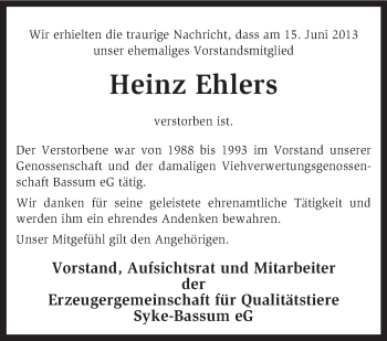 Traueranzeige von Heinz Ehlers von KRZ