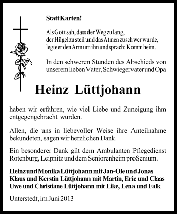 Traueranzeige von Heinz Lüttjohann von KRZ