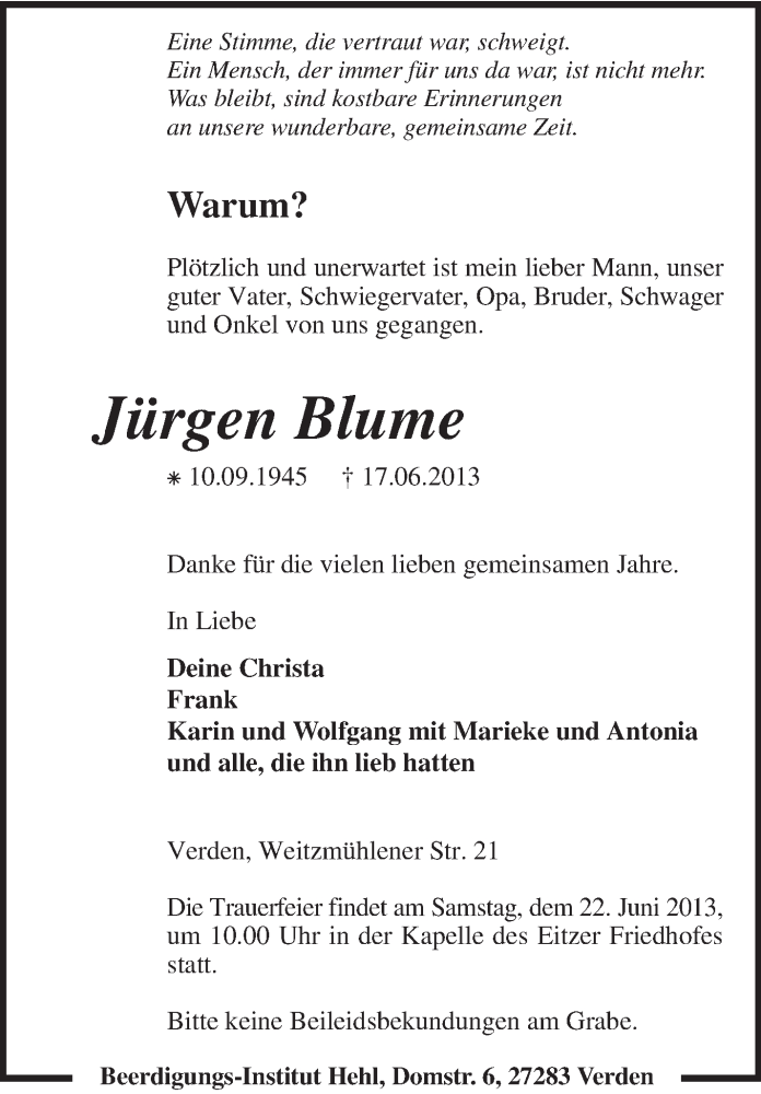  Traueranzeige für Jürgen Blume vom 19.06.2013 aus KRZ