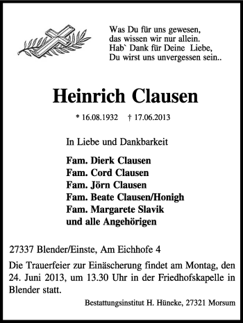 Traueranzeige von Heinrich Clausen von KRZ