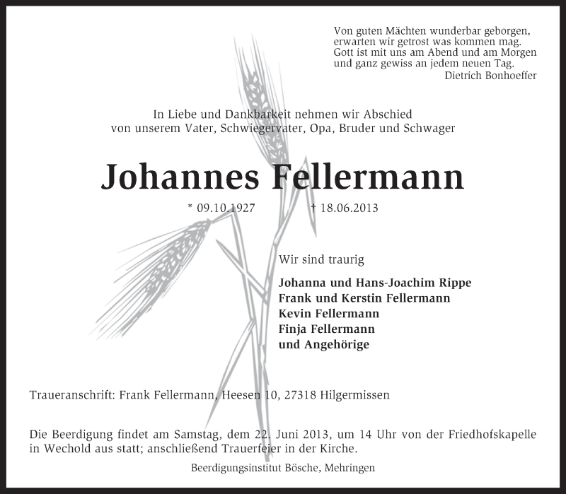  Traueranzeige für Johannes Fellermann vom 20.06.2013 aus KRZ