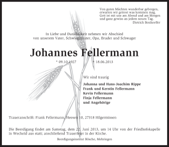 Traueranzeige von Johannes Fellermann von KRZ