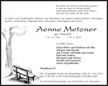 Traueranzeige von Aenne Metzner von KRZ