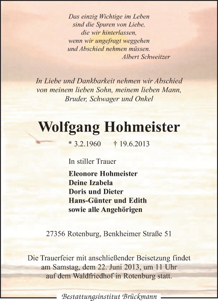  Traueranzeige für Wolfgang Hohmeister vom 20.06.2013 aus KRZ
