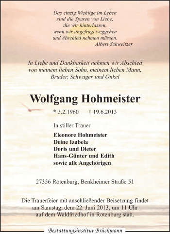 Traueranzeige von Wolfgang Hohmeister von KRZ
