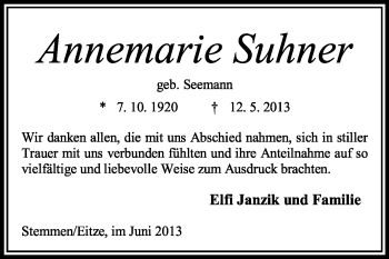 Traueranzeige von Annemarie Suhner von KRZ