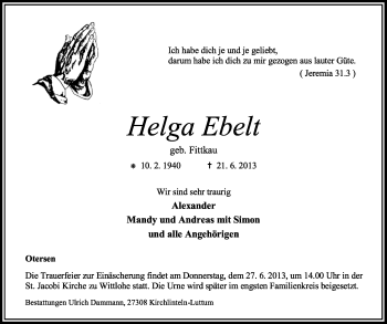 Traueranzeige von Helga Ebelt von KRZ