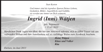 Traueranzeige von Ingrid Wätjen von KRZ