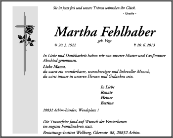 Traueranzeige von Martha Fehlhaber von KRZ