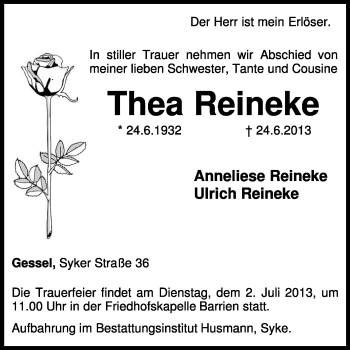 Traueranzeige von Thea Reineke von KRZ