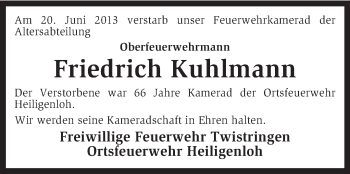 Traueranzeige von Friedrich Kuhlmann von KRZ