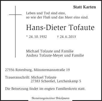 Traueranzeige von Hans-Dieter Tofaute von KRZ