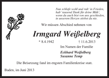 Traueranzeige von Irmgard Weißelberg von KRZ