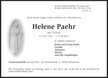 Traueranzeige von Helene Paehr von KRZ