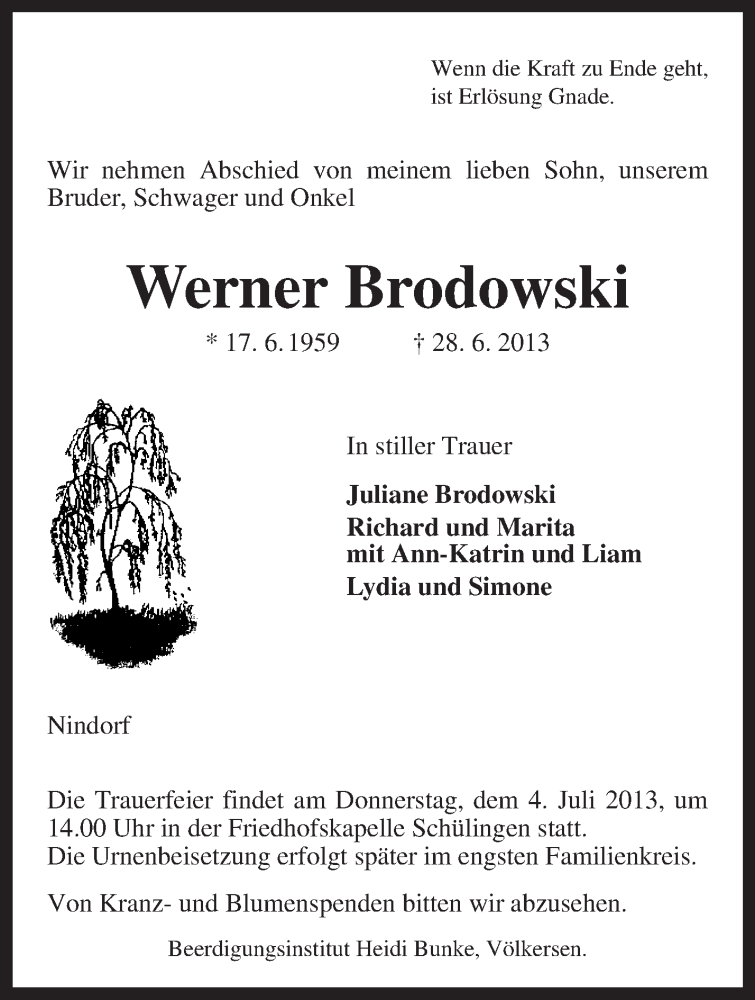  Traueranzeige für Werner Brodowski vom 01.07.2013 aus KRZ