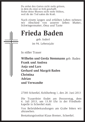 Traueranzeige von Frieda Baden von KRZ