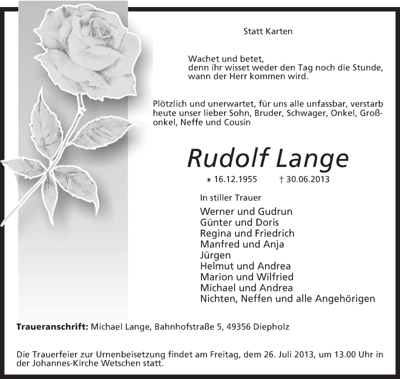  Traueranzeige für Rudolf Lange vom 02.07.2013 aus KRZ