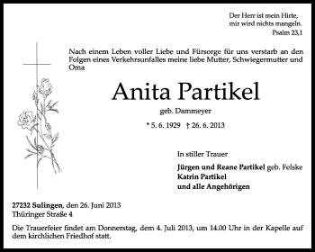 Traueranzeige von Anita Partikel von KRZ