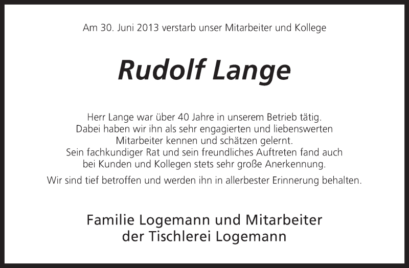  Traueranzeige für Rudolf Lange vom 03.07.2013 aus KRZ
