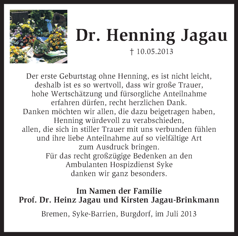  Traueranzeige für Henning Jagau vom 06.07.2013 aus KRZ