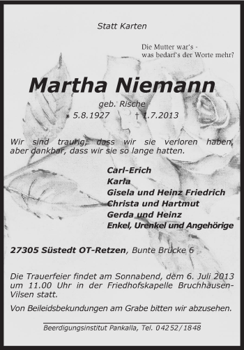 Traueranzeige von Martha Niemann von KRZ