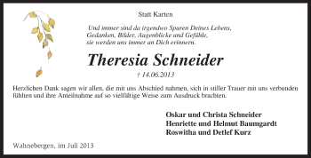 Traueranzeige von Theresia Schneider von KRZ