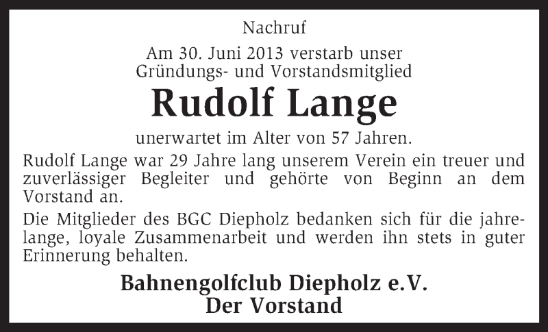  Traueranzeige für Rudolf Lange vom 05.07.2013 aus KRZ