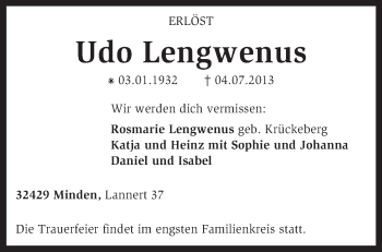 Traueranzeige von Udo Lengwenus von KRZ