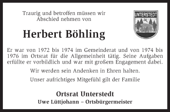 Traueranzeige von Herbert Böhling von KRZ