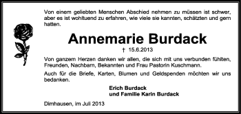 Traueranzeige von Annemarie Burdack von KRZ