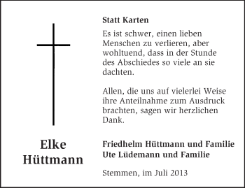 Traueranzeige von Elke Hüttmann von KRZ