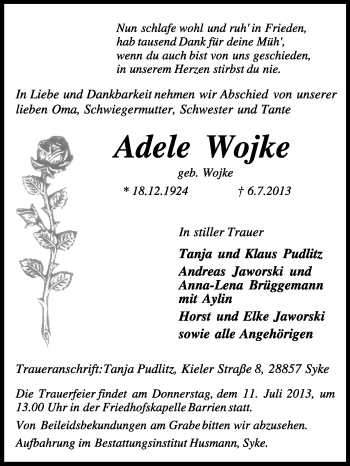 Traueranzeige von Adele Wojke von KRZ