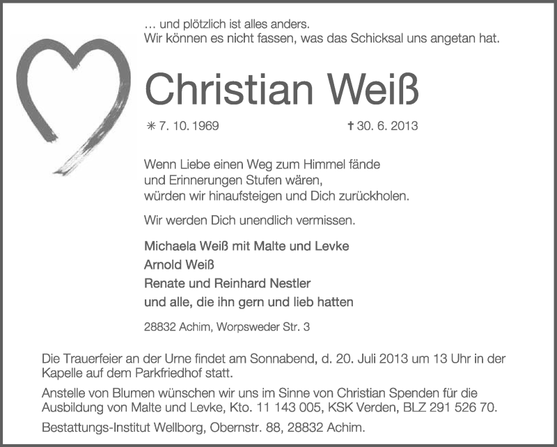  Traueranzeige für Christian Weiß vom 10.07.2013 aus KRZ