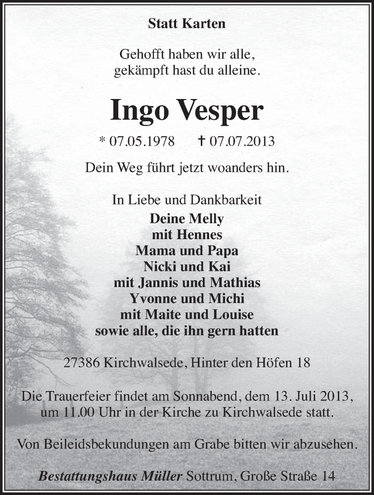  Traueranzeige für Ingo Vesper vom 09.07.2013 aus KRZ