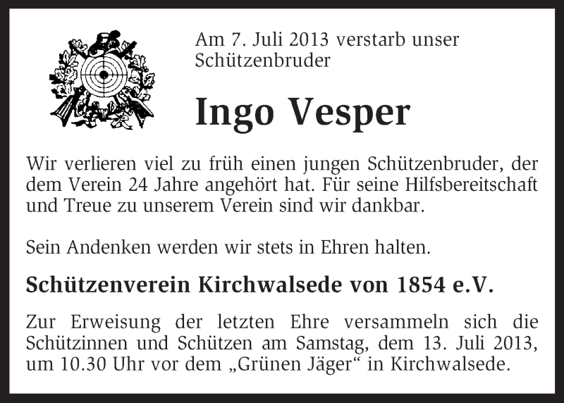  Traueranzeige für Ingo Vesper vom 10.07.2013 aus KRZ