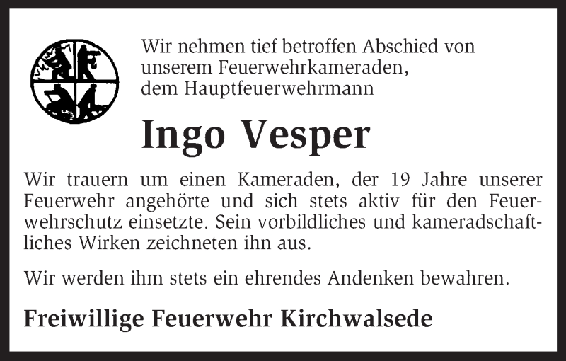  Traueranzeige für Ingo Vesper vom 11.07.2013 aus KRZ