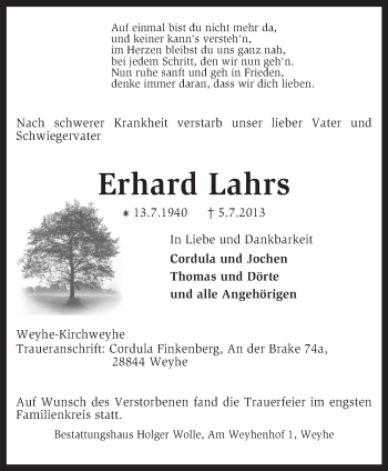 Traueranzeige von Erhard Lahrs von KRZ