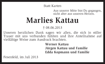 Traueranzeige von Marlies Kattau von KRZ