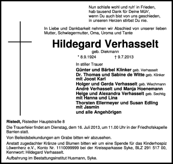 Traueranzeige von Hildegard Verhasselt von KRZ