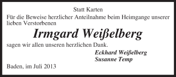 Traueranzeige von Irmgard Weißelberg von KRZ
