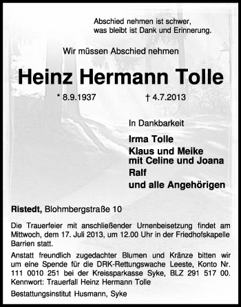 Traueranzeige von Heinz Hermann Tolle von KRZ