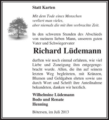 Traueranzeige von Richard Lüdemann von KRZ