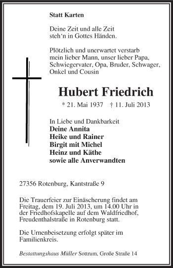 Traueranzeige von Hubert Friedrich von KRZ