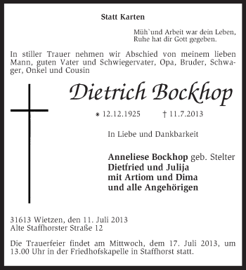 Traueranzeige von Dietrich Bockhop von KRZ