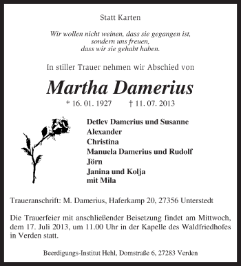 Traueranzeige von Martha Damerius von KRZ