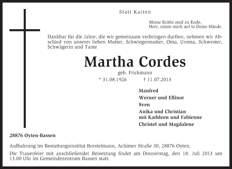  Traueranzeige für Martha Cordes vom 15.07.2013 aus KRZ