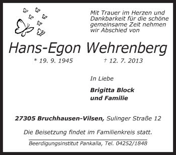 Traueranzeige von Hans-Egon Wehrenberg von KRZ