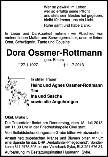 Traueranzeige von Dora Ossmer-Rottmann von KRZ